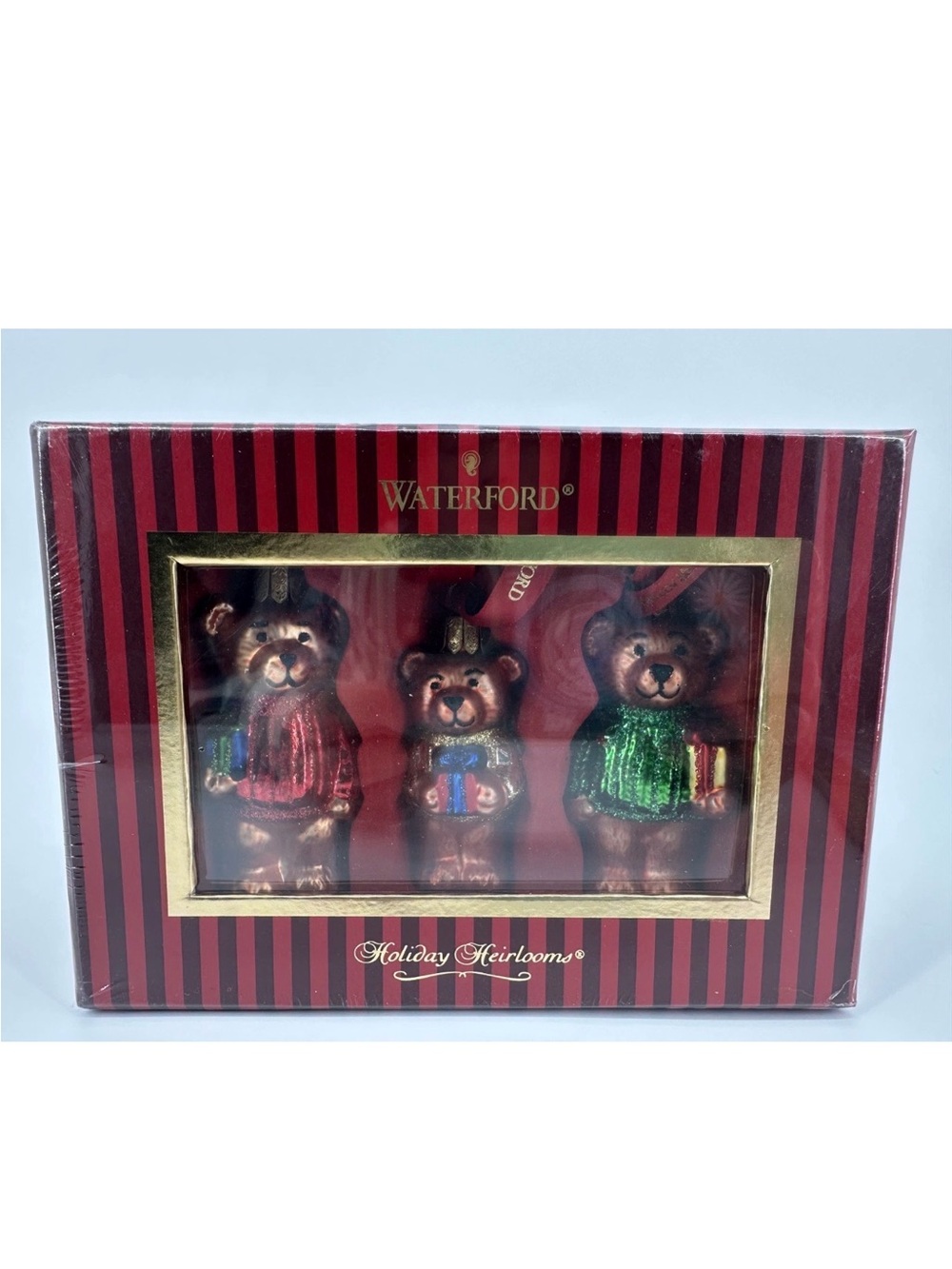 Waterford 3 Teddy Bear Ornaments Christmas in Box Sealed Logo Ribbon Hang Tag